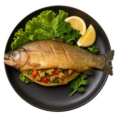 ماهی قزل آلا شکم پر آندیب مرغ بریان و تنوری گوشت فرآوری شده